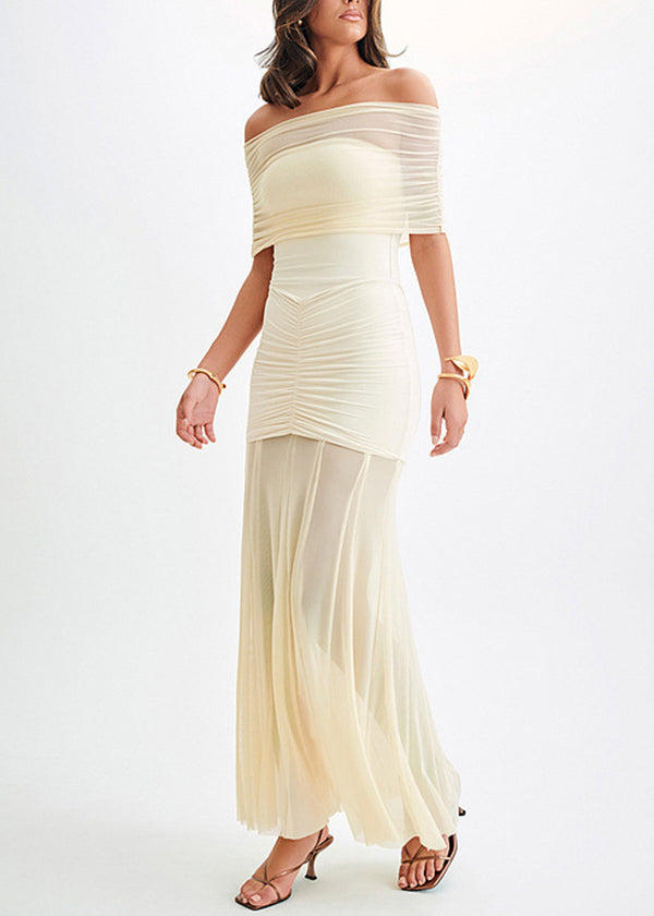 French White Wrinkled Patchwork Tulle Strapless Long Dresses Summer