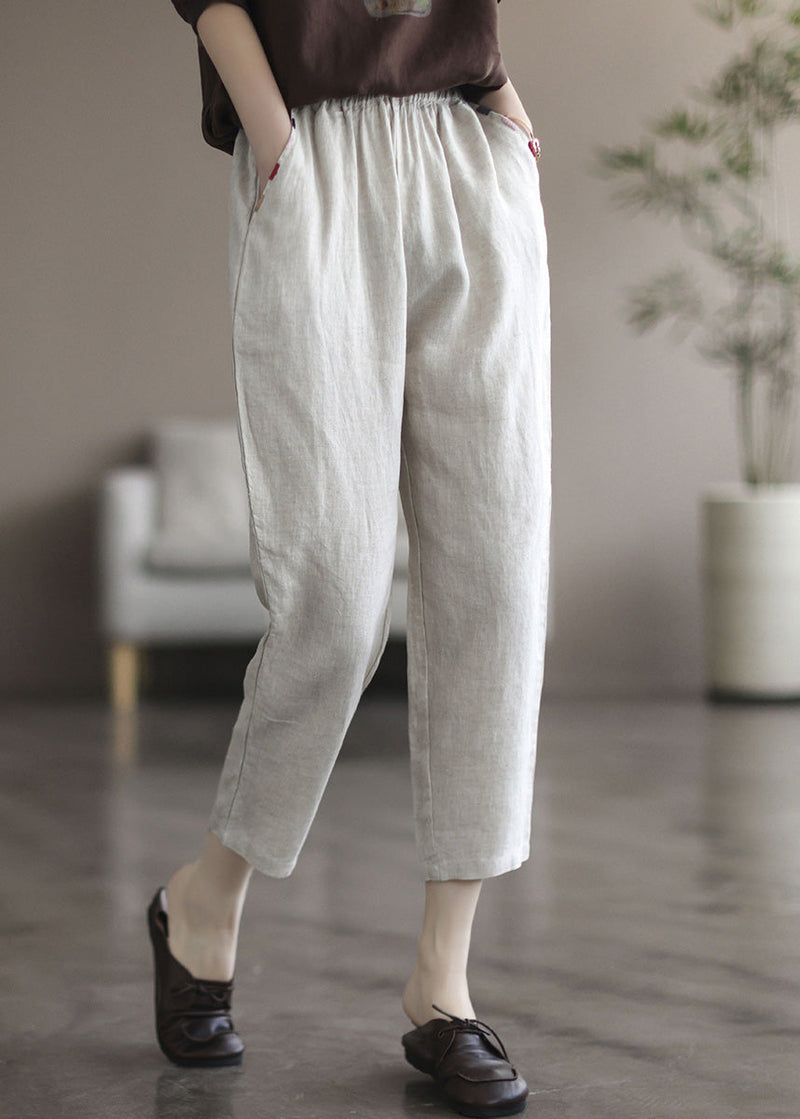 Black Tpatchwork Elastic Waist Linen Crop Pants