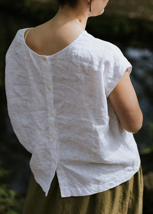 Organic White Wear on Both Sides Linen T Shirt Top Summer