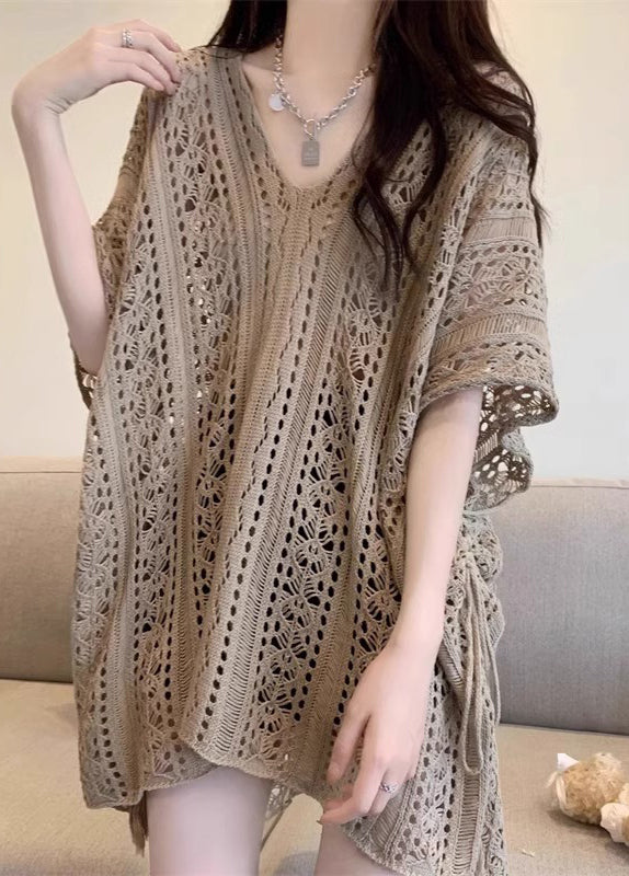 Khaki V Neck Hollow Out Knit Tops Half Sleeve