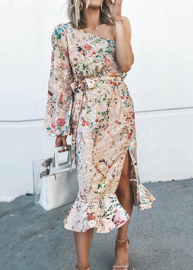 Fine One Shoulder Print Side Open Tie Waist Cotton Dress Summer