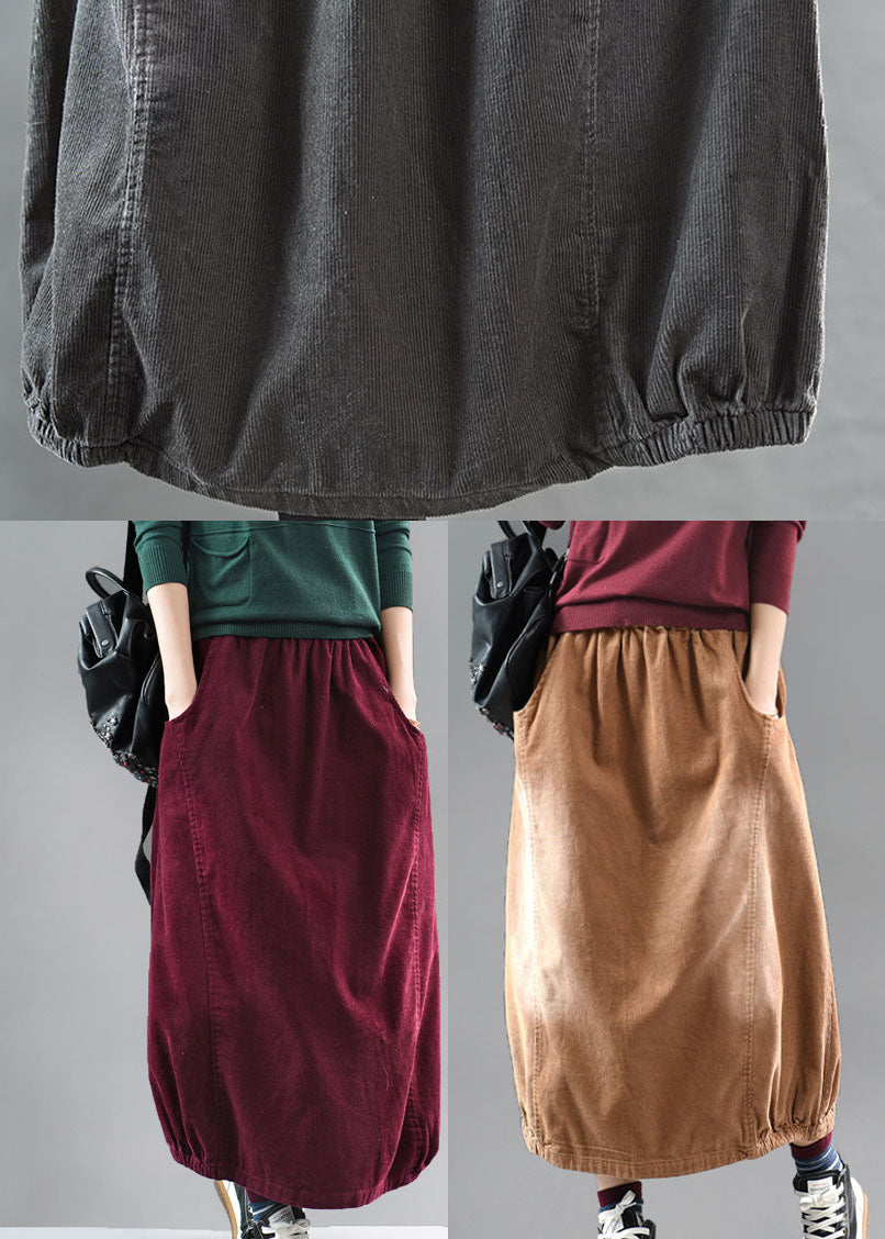 Brown Elastic Waist Corduroy Cotton Skirt Spring