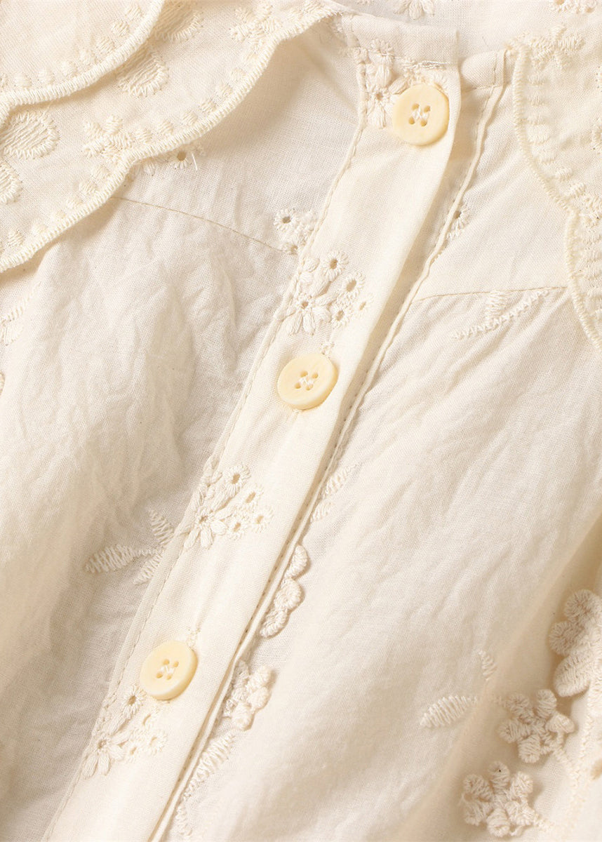 Beige Double-layer Embroidered Cotton Blouses Spring