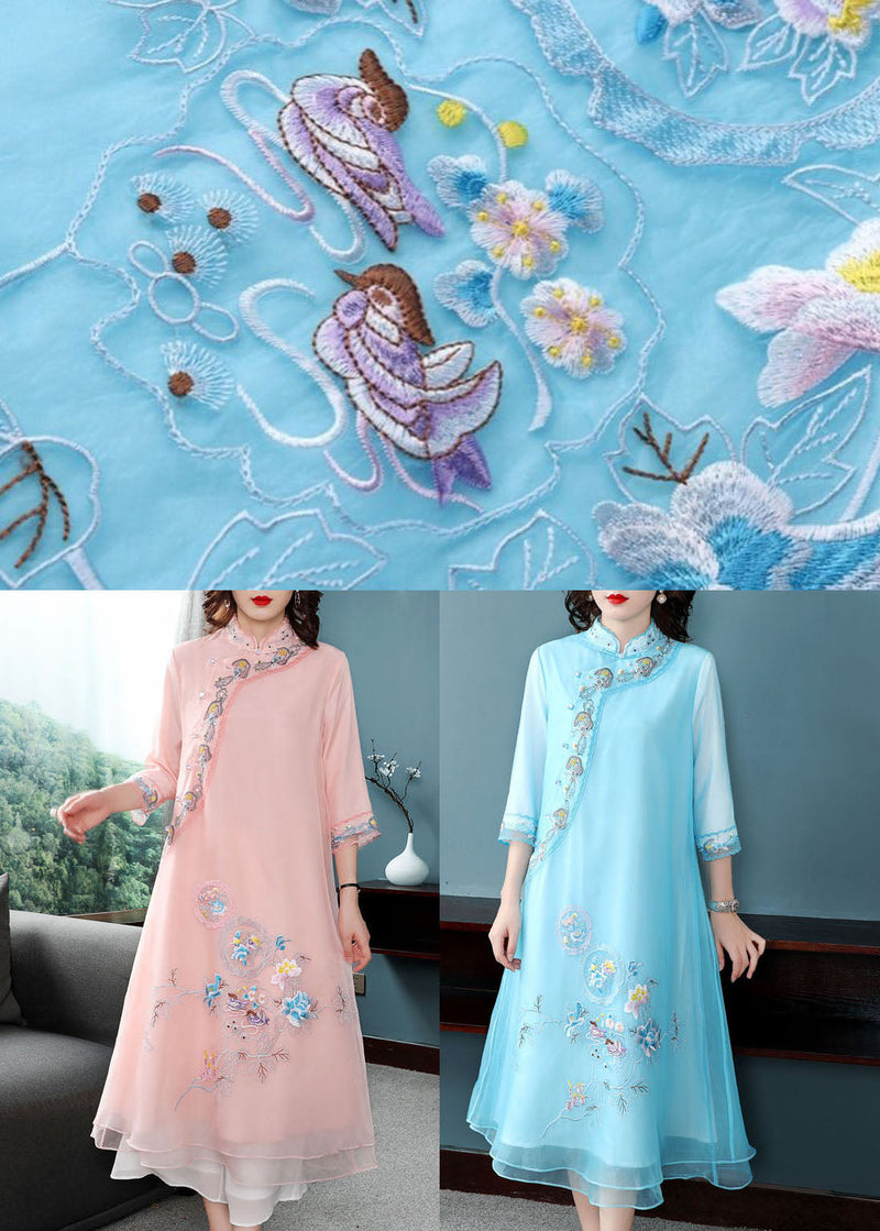 Pink Chiffon Chinese Style Dresses Chinese Button Embroidered Bracelet Sleeve