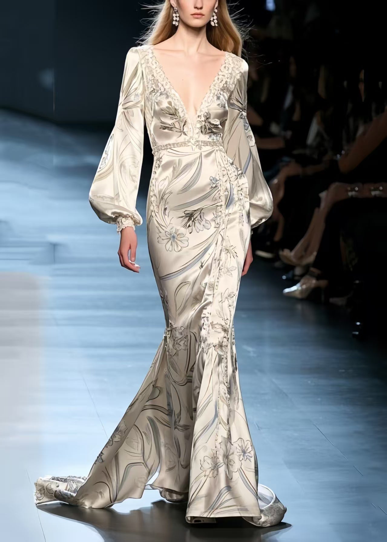 Silm Fit Beige Wraped Print Silk Fishtail Dress Lantern Sleeve