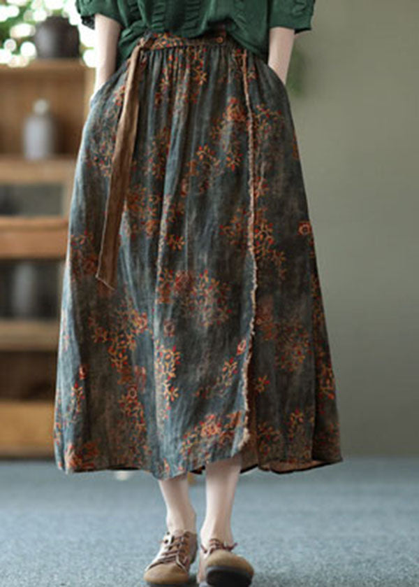 Navy Loose Linen a Line Skirt Sashes Elastic Waist Summer
