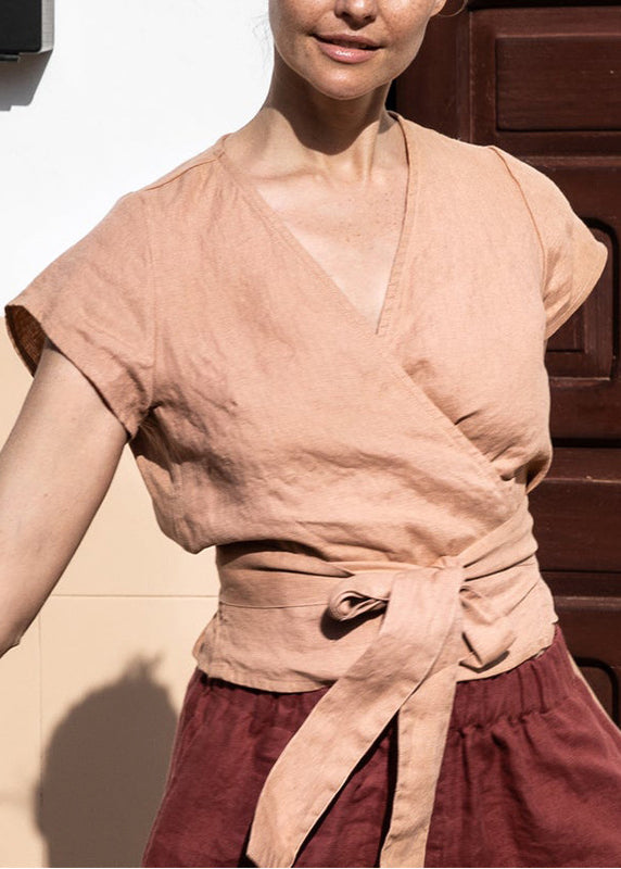 Modern Pink V Neck Lace Up Linen T Shirt Top Summer
