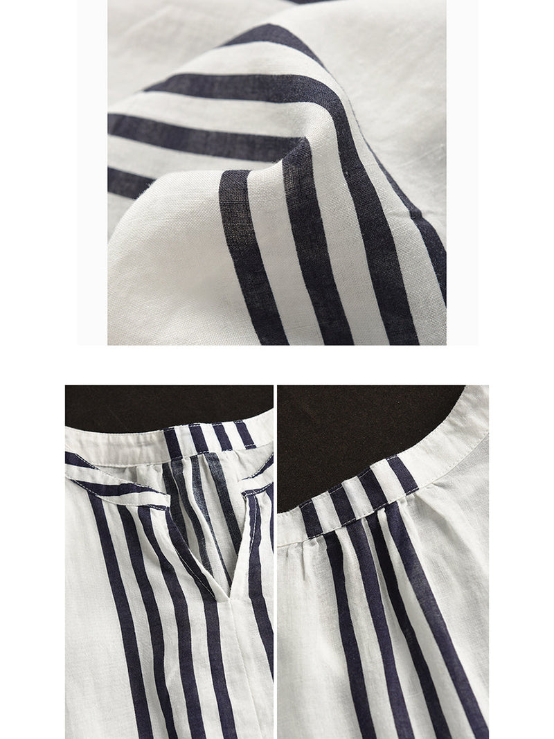Summer Artsy Stripe V-neck Thin Linen Shirt