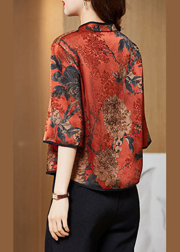 Red Mandarin Collar Print Silk Shirt Tops Half Sleeve
