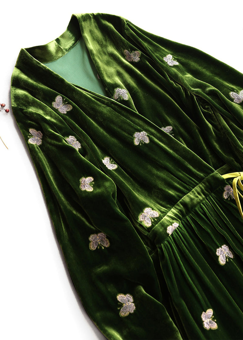 Loose Green Embroidered Butterfly Lace Up Silk Velvet Long Dress Fall