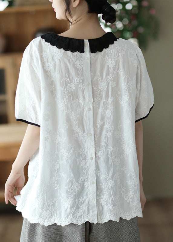 Modern White O-neck Embroidered Patchwork Wrinkled Cotton Top Short Sleeve