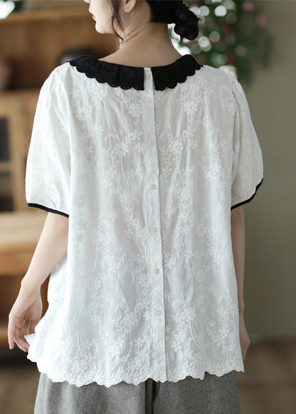 Modern White O-neck Embroidered Patchwork Wrinkled Cotton Top Short Sleeve