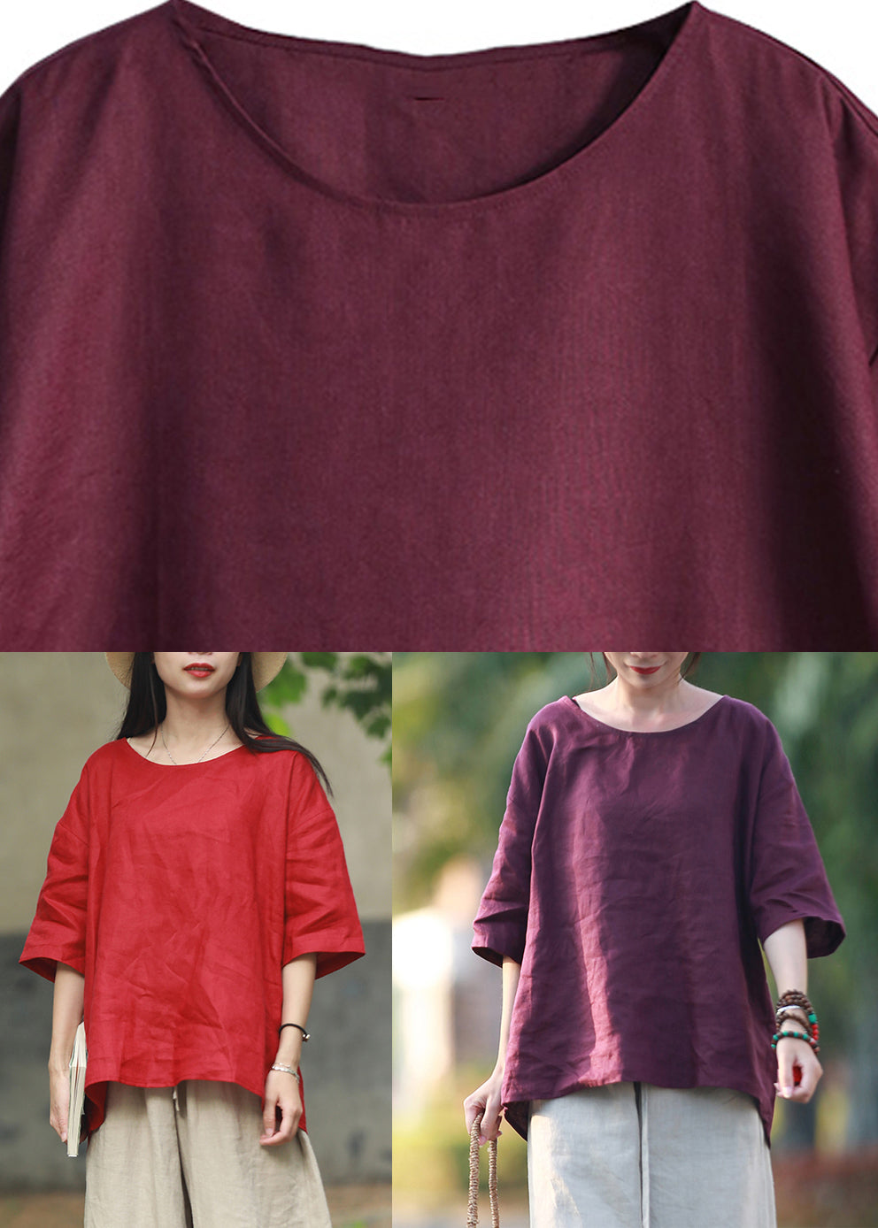Purple O-neck Linen Shirts Summer