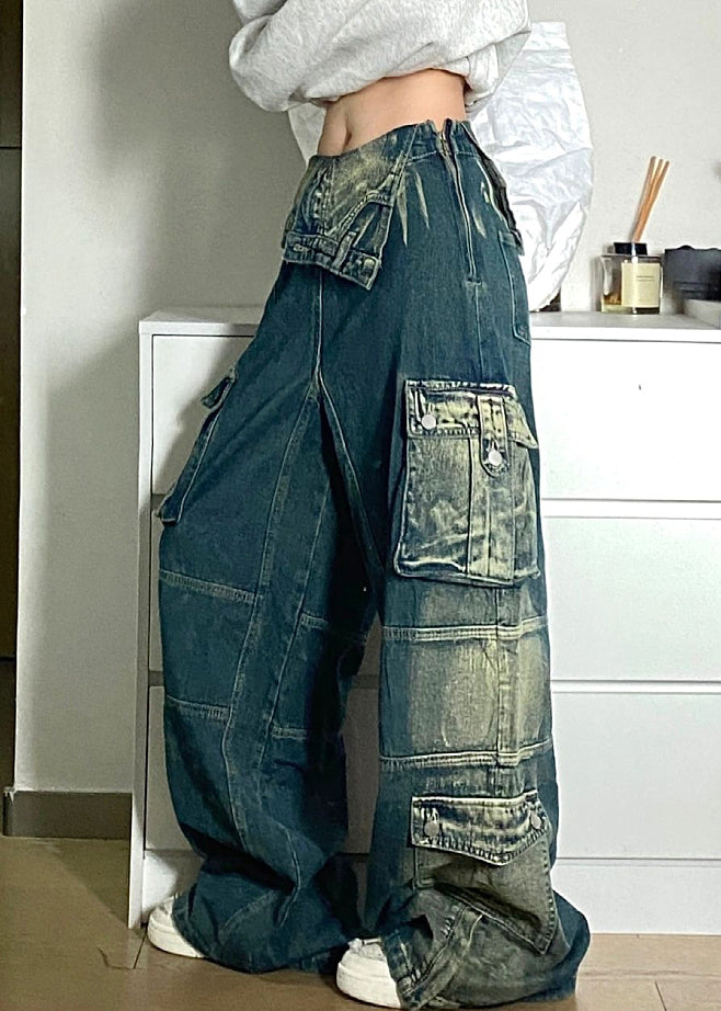 Blue Pockets Patchwork Denim Fall Pants High Waist