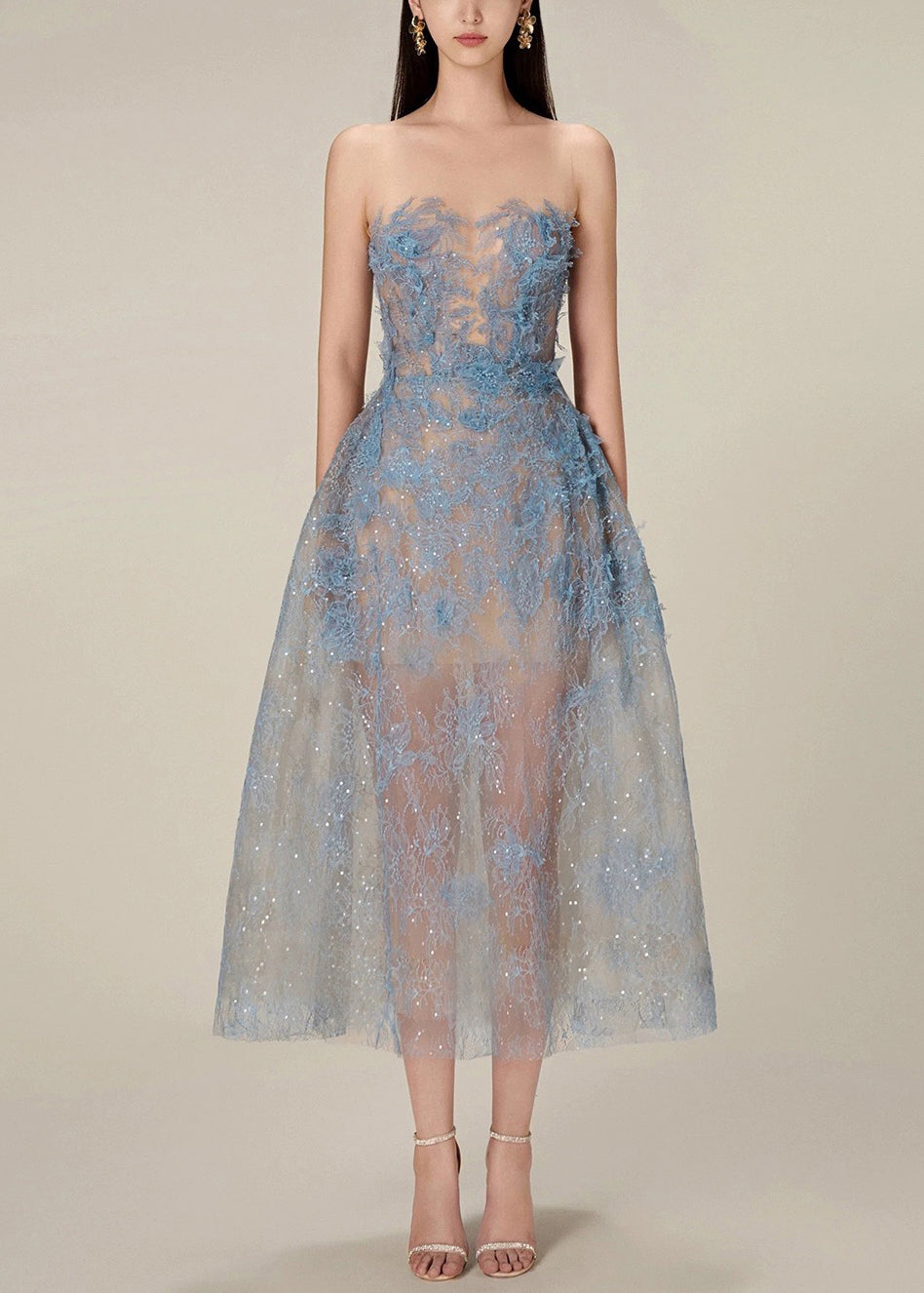 French Blue Zippered Lace Sequins Tulle Long Dress Sleeveless