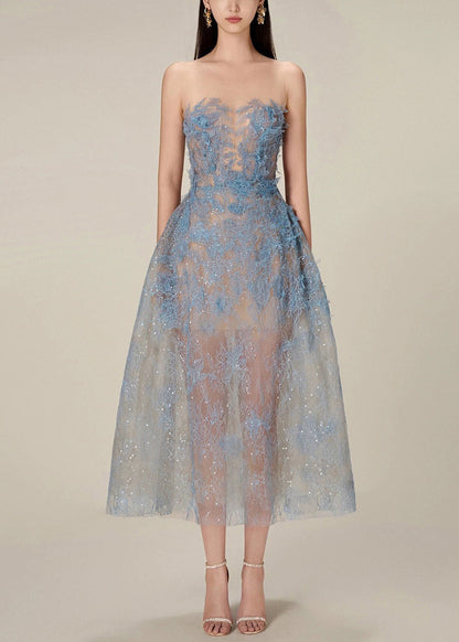 French Blue Zippered Lace Sequins Tulle Long Dress Sleeveless