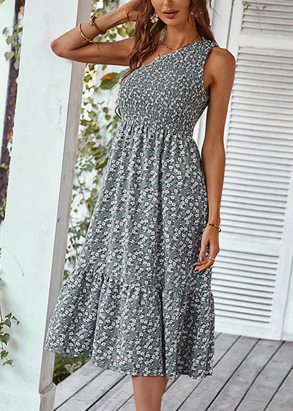 European and American Style Blue One Shoulder Print Cotton Dresses Summer