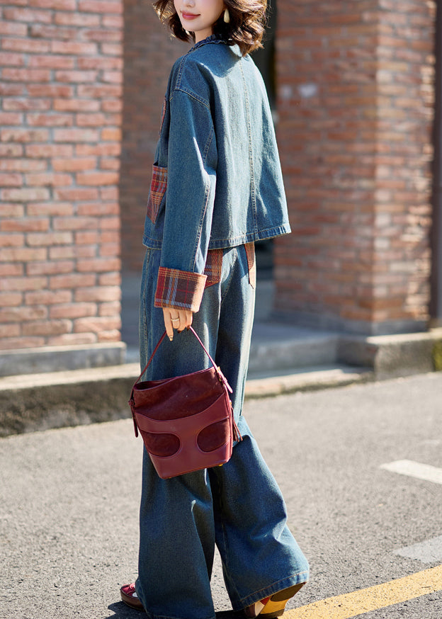 Natural Denim Blue O-neck Patchwork Coats and Wide Leg Pants Two Pieces Set Fall