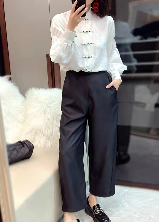 Chinese Style White Stand Collar Button Jacquard Silk Blouse Tops Lantern Sleeve