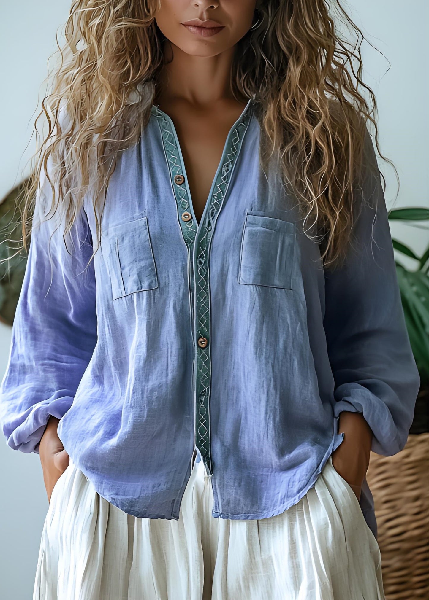 Purple V Neck Print Button Cotton Shirts Tops Spring