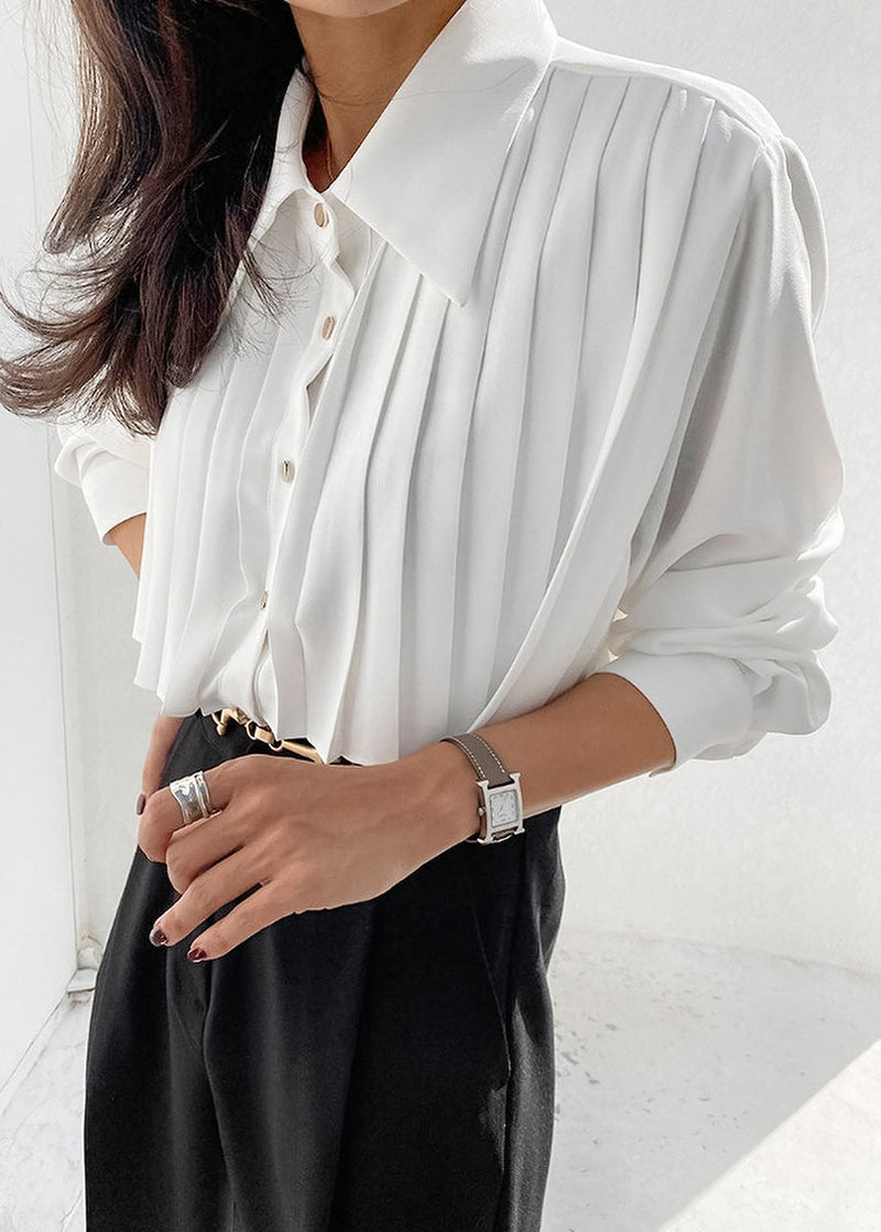 French White Peter Pan Collar Wrinkled Chiffon Shirt Tops Spring