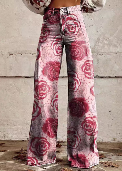 Blue Print Pockets Denim Wide Leg Pants Spring