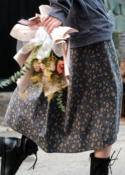 Natural Black Patchwork Print a Line Skirts Cotton Fall