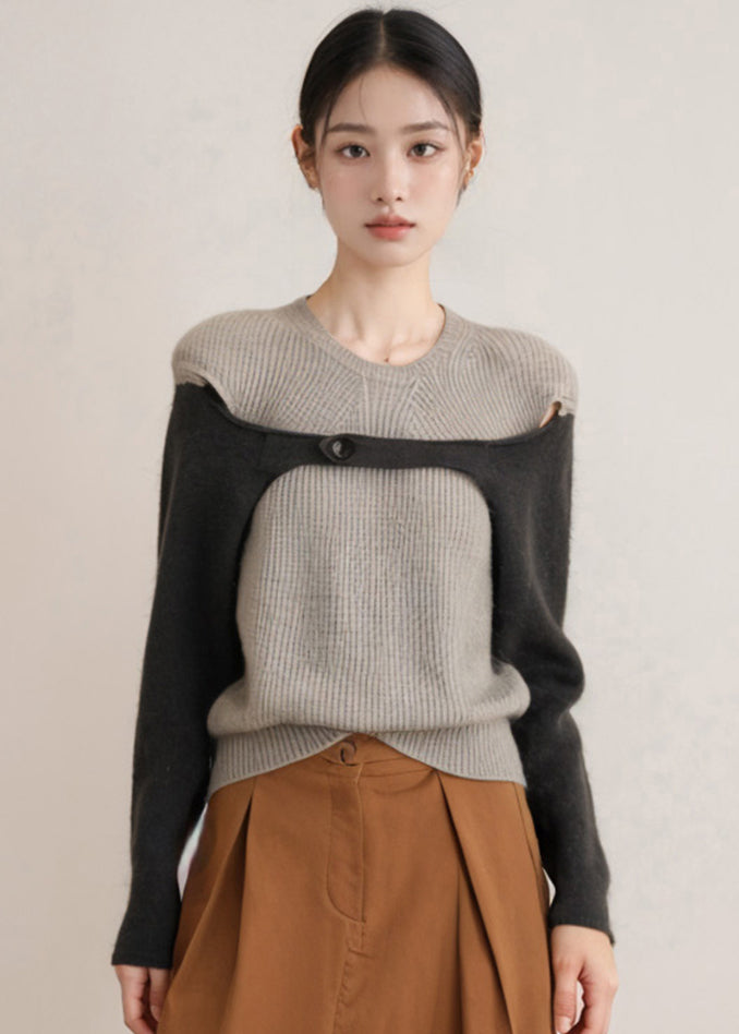 Grey O Neck Patchwork Woolen Knitted Tops Fall