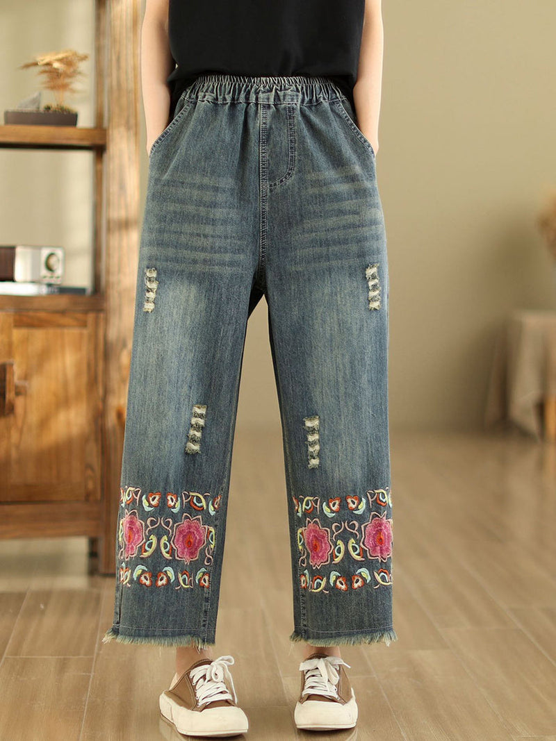 Summer Retro Embroidery Frayed Straight Denim Pants