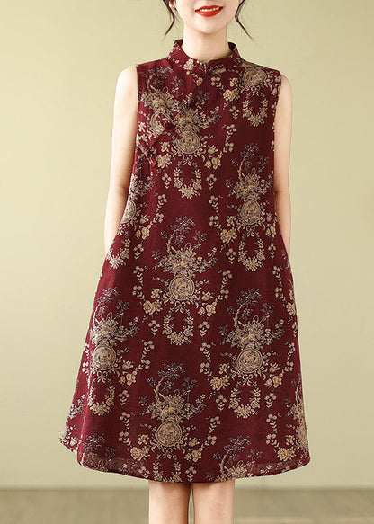 New Retro Mulberry Mandarin Collar Print Cotton a Line Dress Sleeveless
