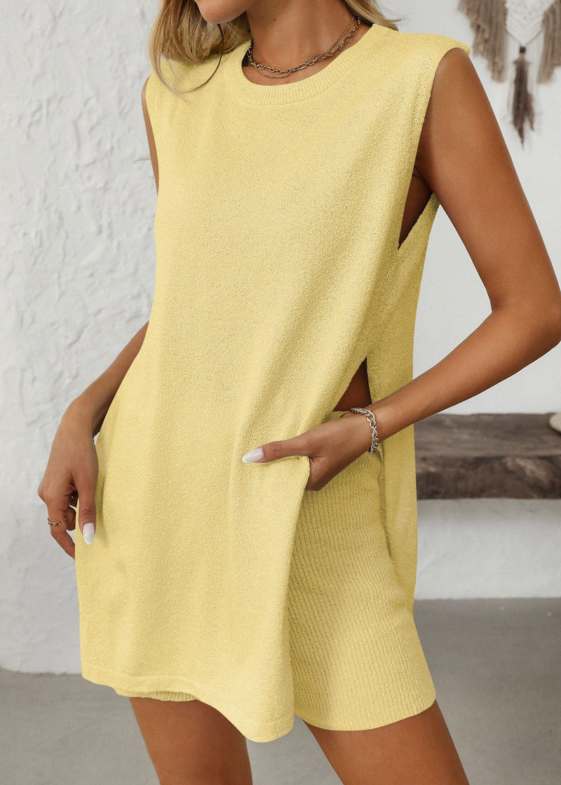 Simple Light Green O Neck Side Open Knit 2 Piece Outfit Summer