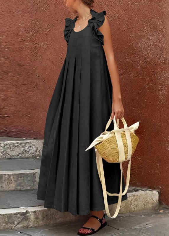 Apricot Ruffled Cotton Long Dress Sleeveless