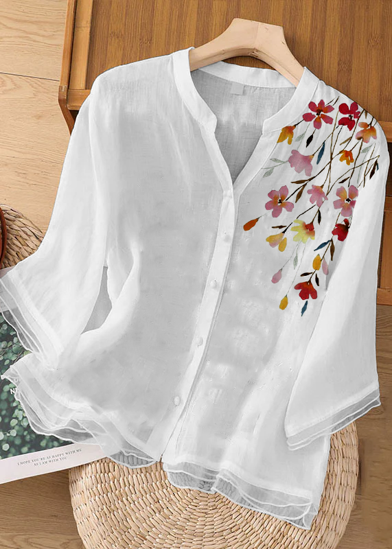 Green Embroideried Button Patchwork Linen Top Bracelet Sleeve