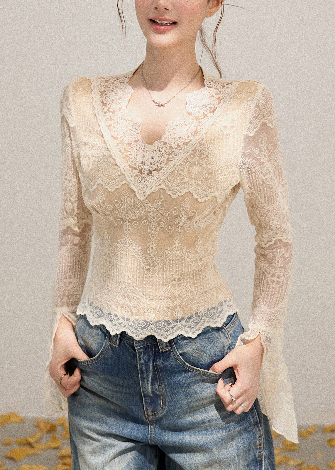 Beige V Neck Patchwork Lace Shirt Flare Sleeve