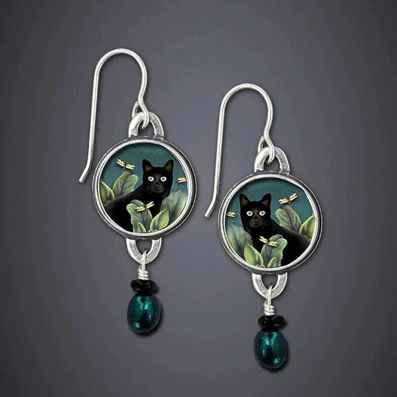 Tropical Black Cat Dangle Earrings