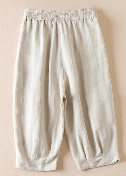 Beige Pockets Wrinkled Elastic Waist Cotton Shorts Summer