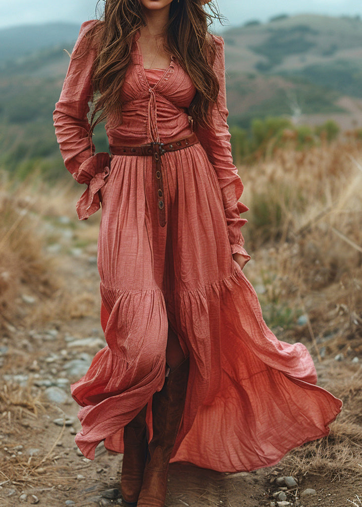 V Neck Ruffled Patchwork Cotton Long Dress Spring