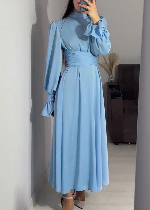 French Pink Tie Waist Slim Fit Puff Sleeve Silk Dresses
