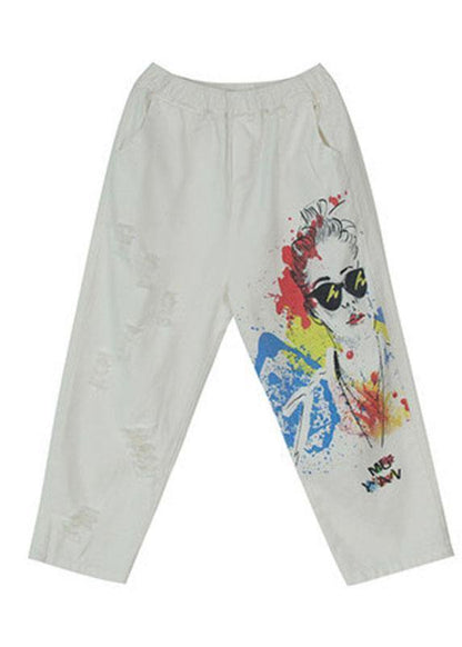Stylish White Print High Waist Hole Harem Cotton Pants