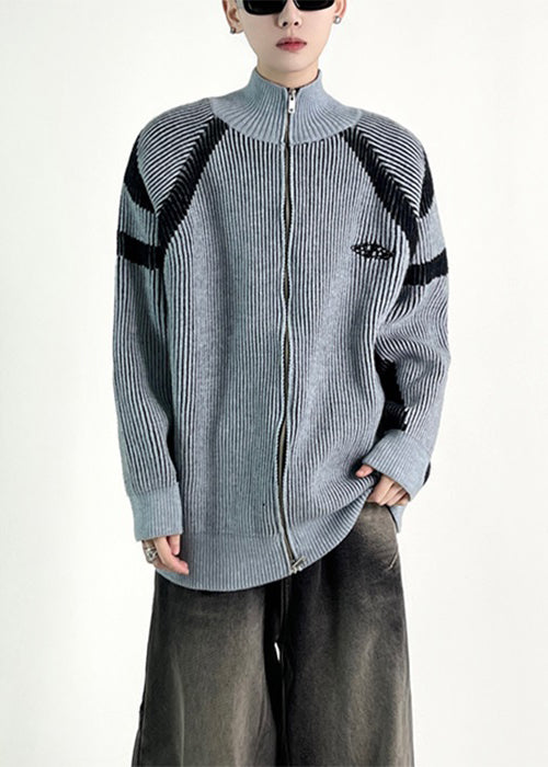 New Blue Striped Zip Up Knit Coat Fall