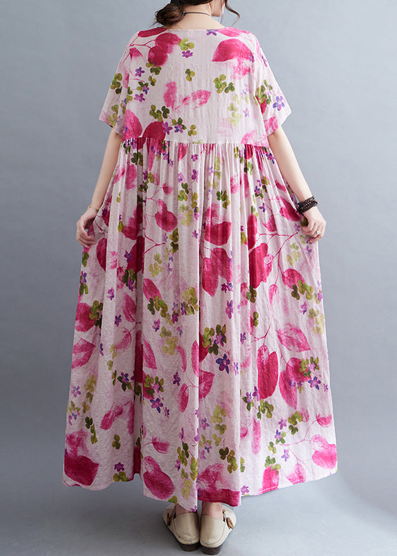 Rose O-neck Print Wrinkled Maxi Dresses Short Sleeve