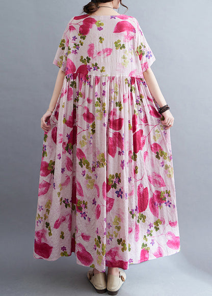 Rose O-neck Print Wrinkled Maxi Dresses Short Sleeve