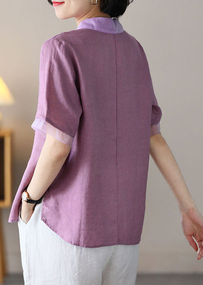 Purple Peter Pan Collar Patchwork Linen Shirt Tops Short Sleeve
