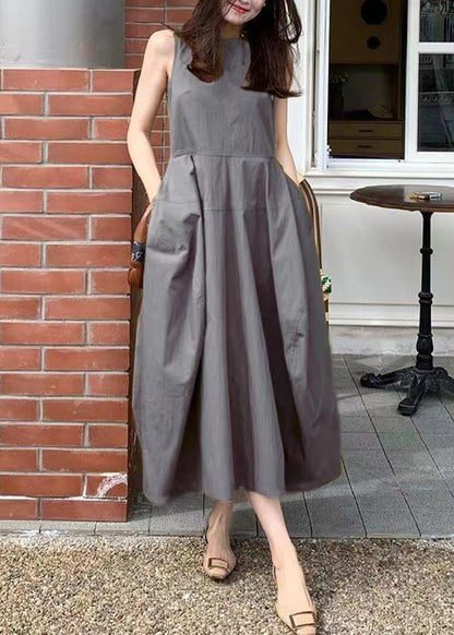 New Yellow Pockets Cotton Long Dresses Sleeveless