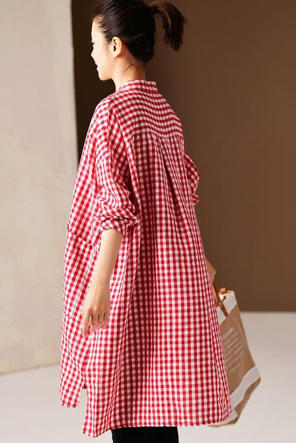 Korea Style Medium Length Loose Plaid Shirt Blouse