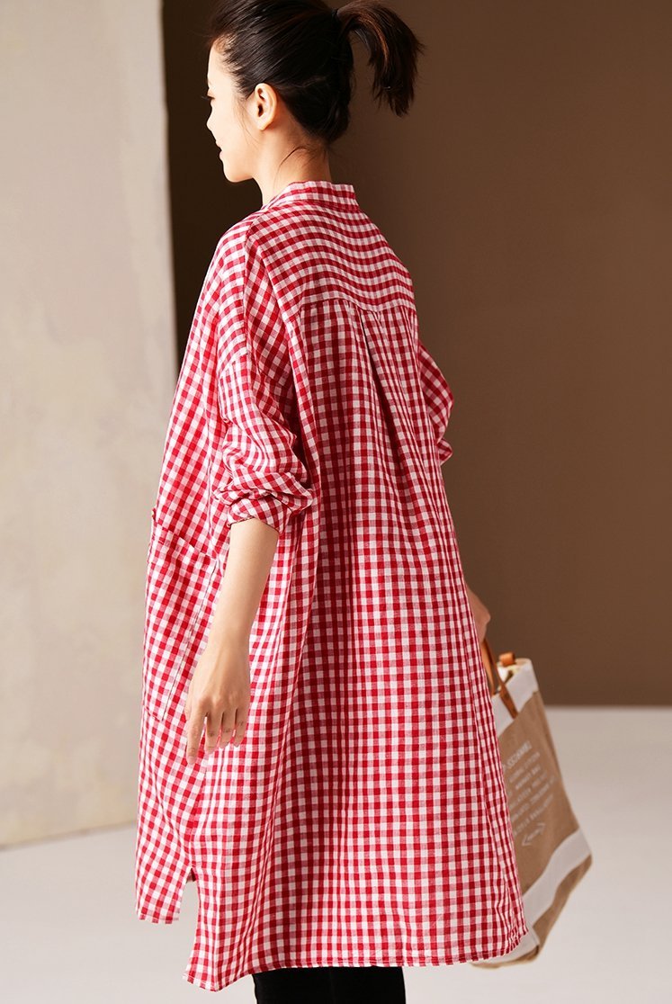 Korea Style Medium Length Loose Plaid Shirt Blouse
