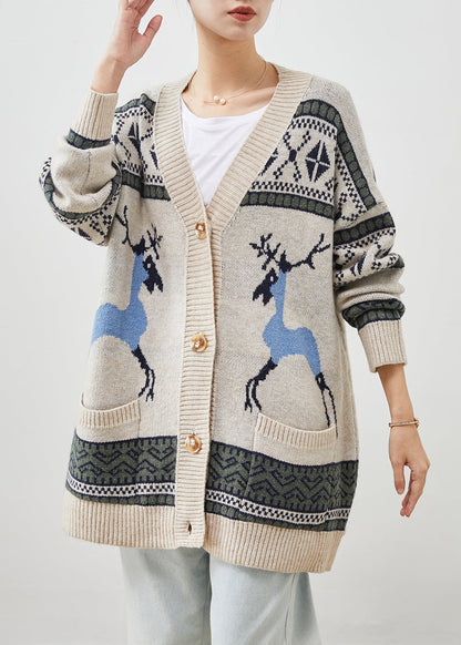 Khaki Oversized Print Knit Cardigans Winter