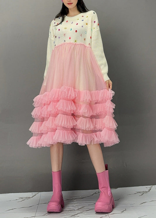 White O-neck Sequins Knit Patchwork Tulle Maxi Cake Dress Fall