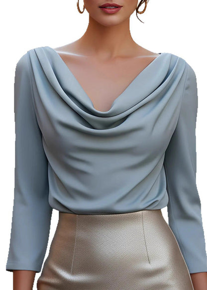 Light Blue Draped Neckline Silk Top Spring