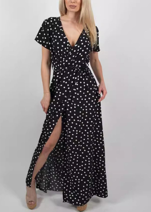 Stylish Red V Neck Dot Print Front Open Cotton Dress Summer